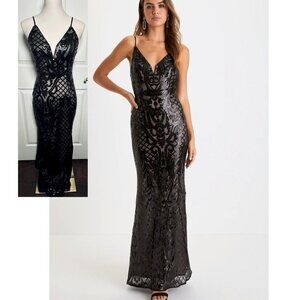 Lulus Flirty Fate Black and Beige Sequin Cutout Maxi Dress Size Medium NWOT